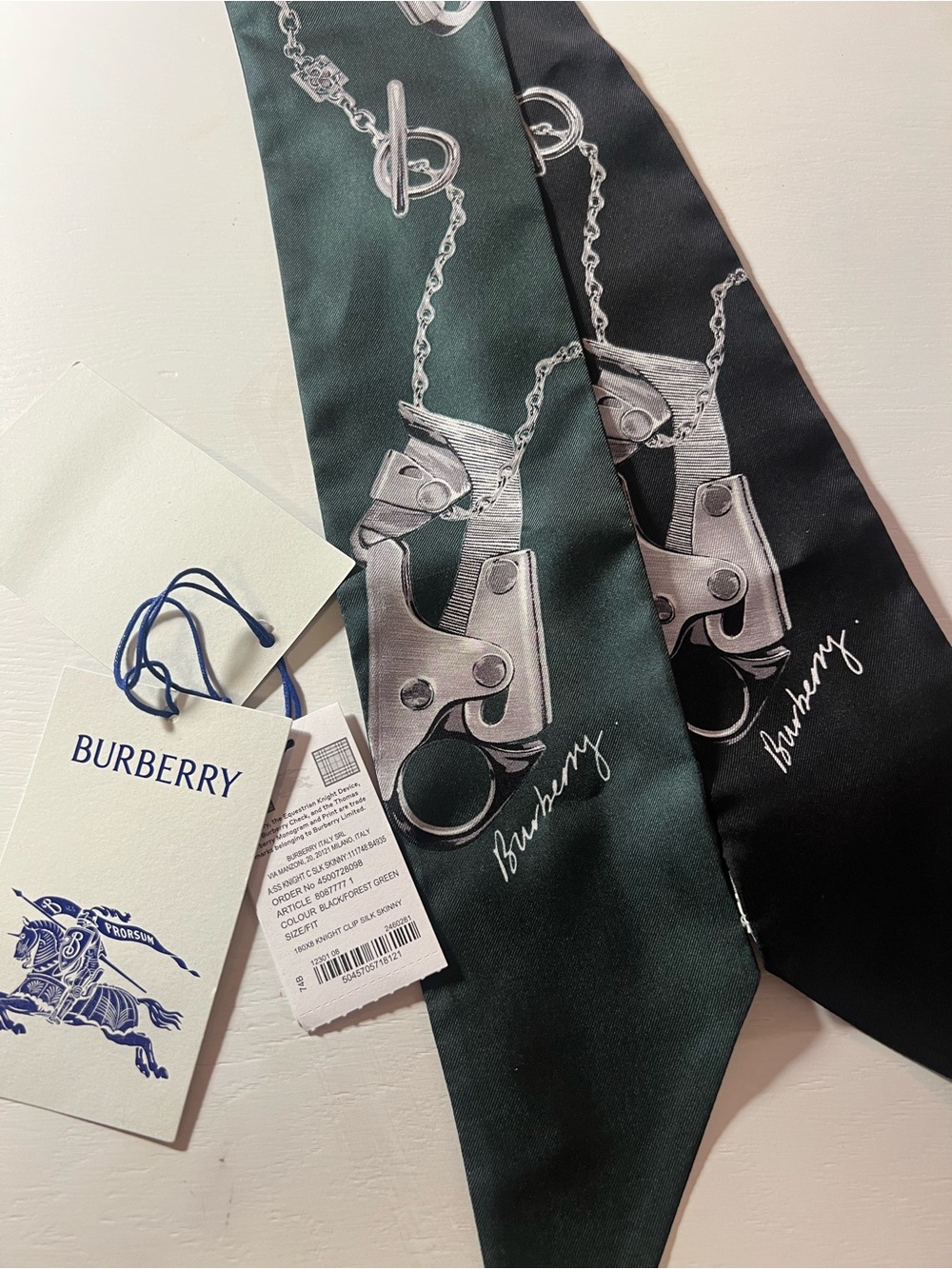 Burberry Black & Dark Green Silk Scarf Twilly with Silver Hardware Motif
